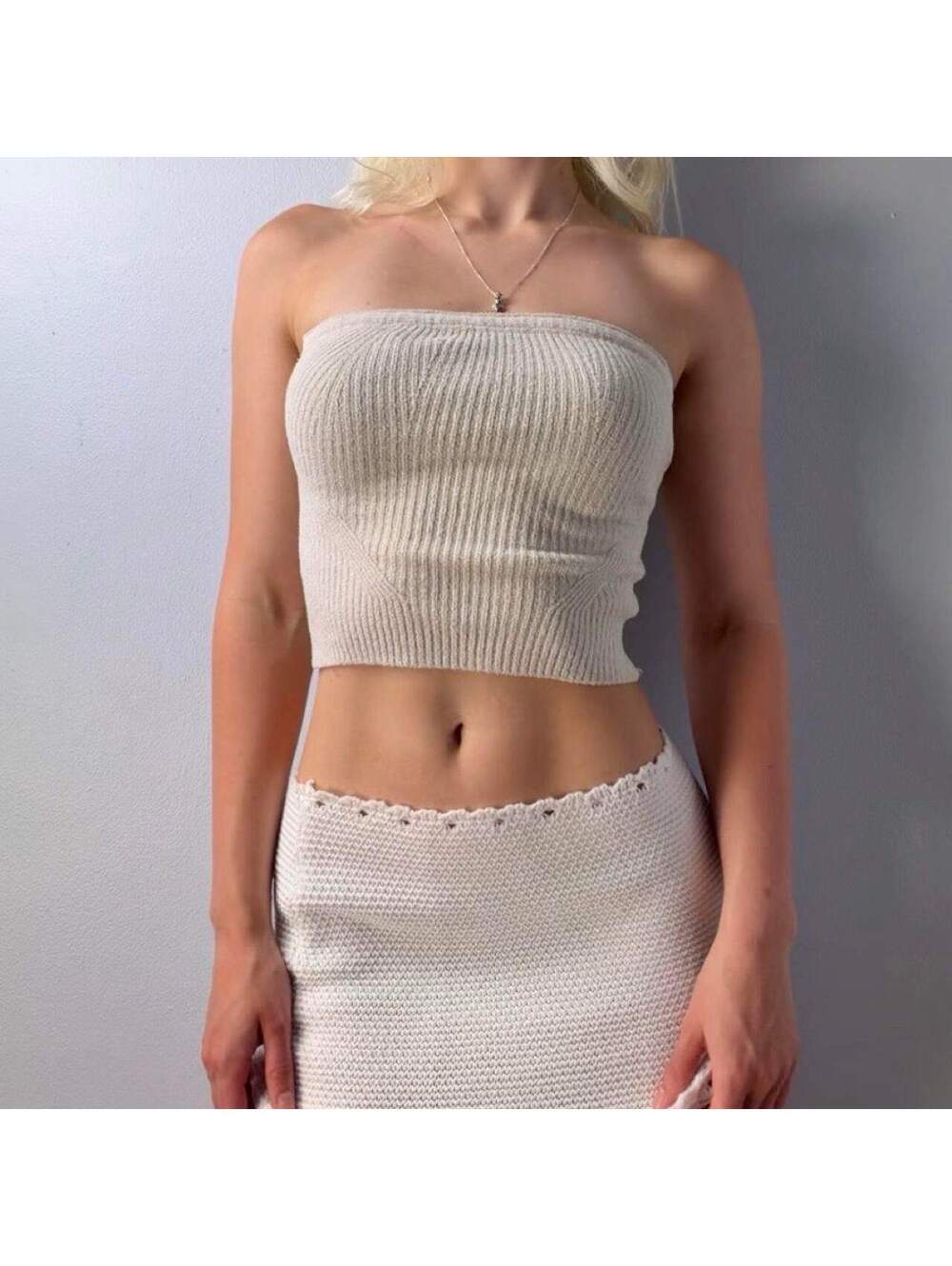 Cream ribbed sparkly knit tube top, size XS #knit #tubetop - Picture 6 of 7